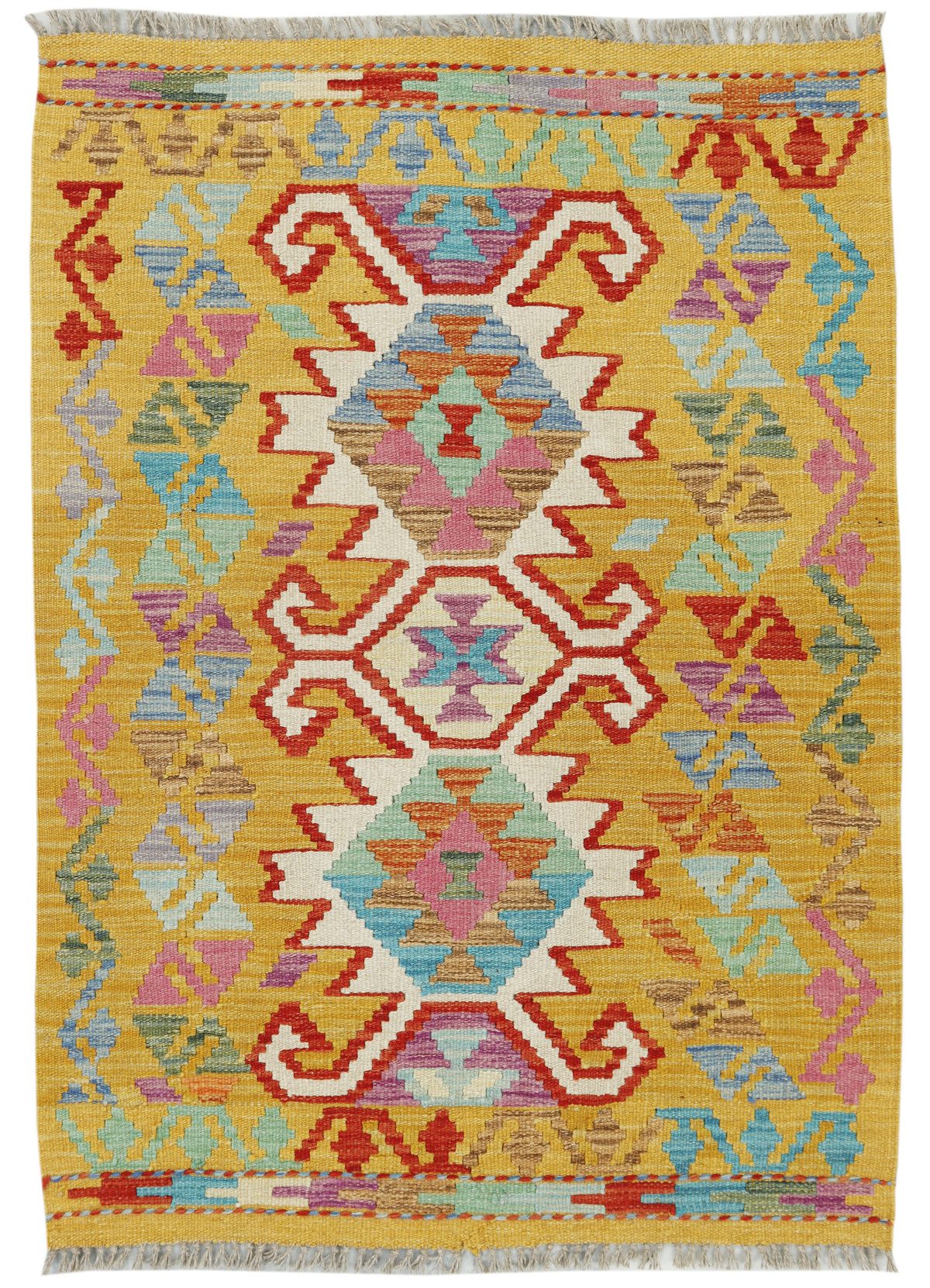 Afghan Kilim rug in vibrant geometric patterns, 125x88cm, by eastofhere, showcasing traditional woven textile design.