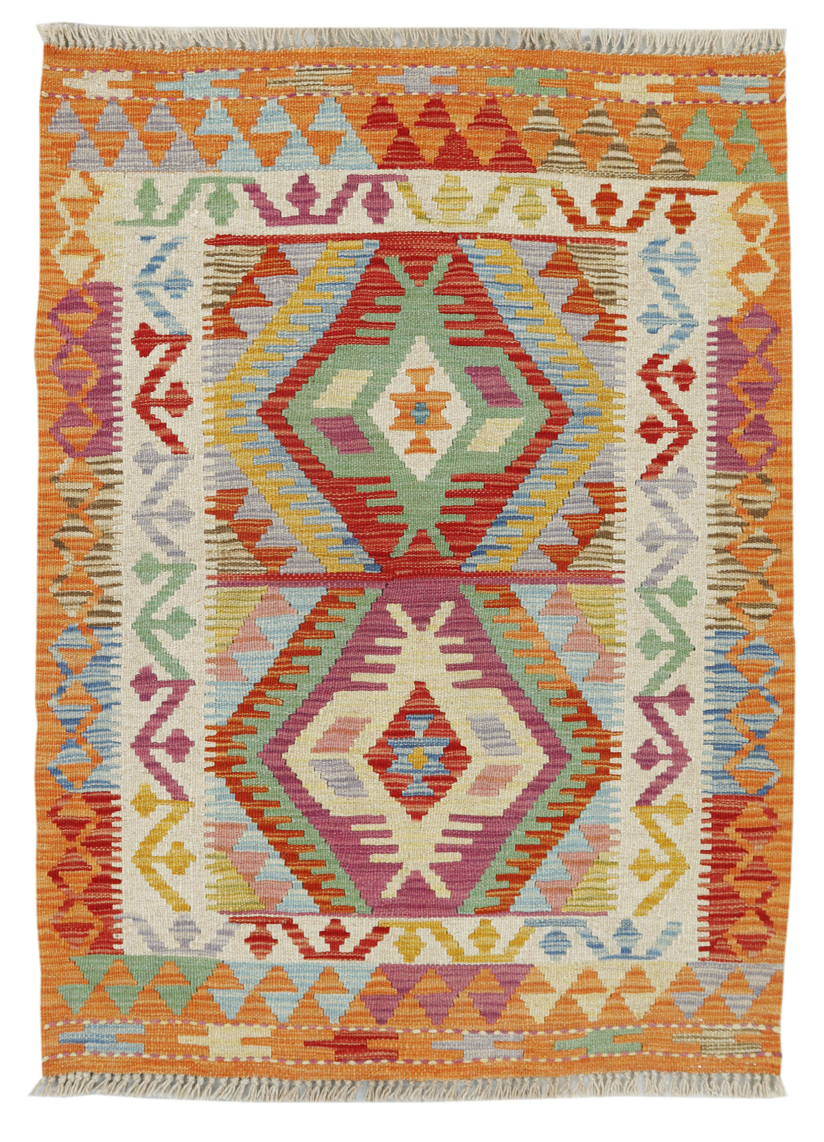 Afghan Kilim rug from eastofhere, 118x85cm, featuring traditional geometric patterns and vibrant colors in a woven textile.