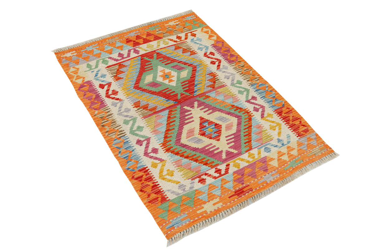 Afghan Kilim rug by eastofhere, 118x85cm, featuring traditional geometric patterns in vibrant colors on woven fabric.