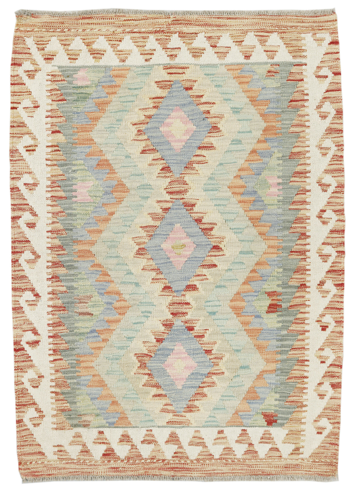 Afghan Kilim rug by eastofhere, 120x87cm, featuring traditional geometric patterns and vibrant colors on woven fabric.