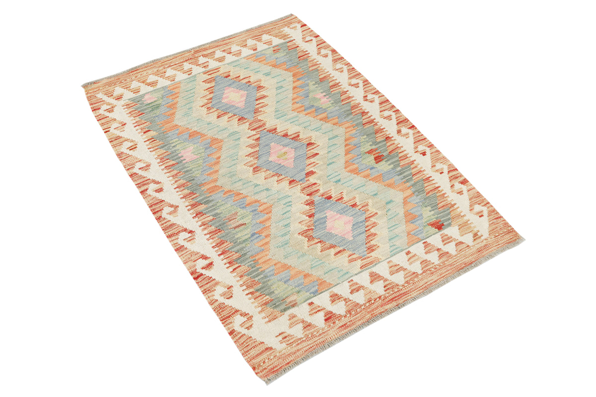 Afghan Kilim rug by eastofhere, 120x87cm, featuring traditional geometric patterns and vibrant colors, decorative woven rug.