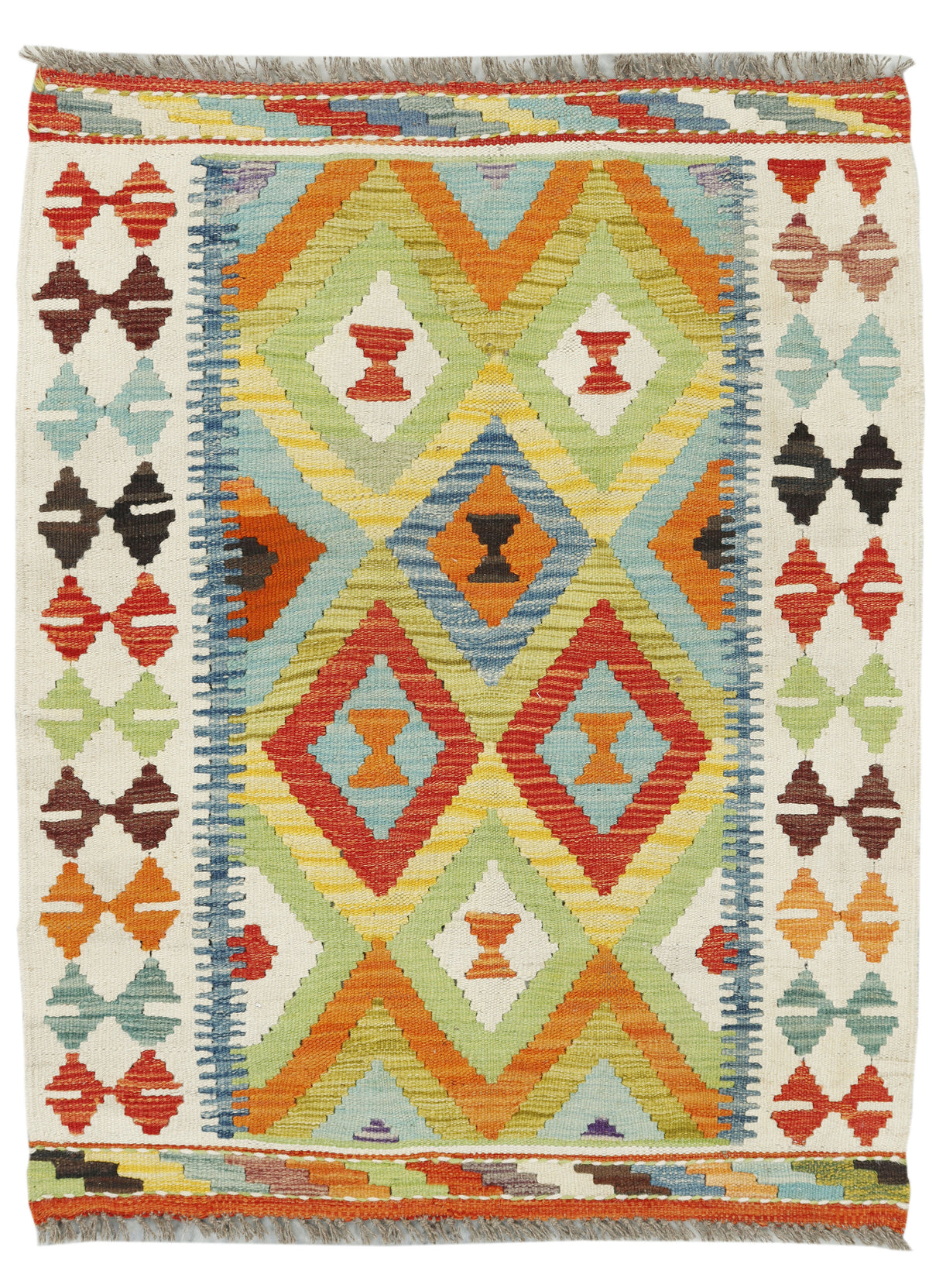 Afghan Kilim rug by eastofhere, 116x92cm, featuring traditional geometric patterns and vibrant colors on woven fabric.