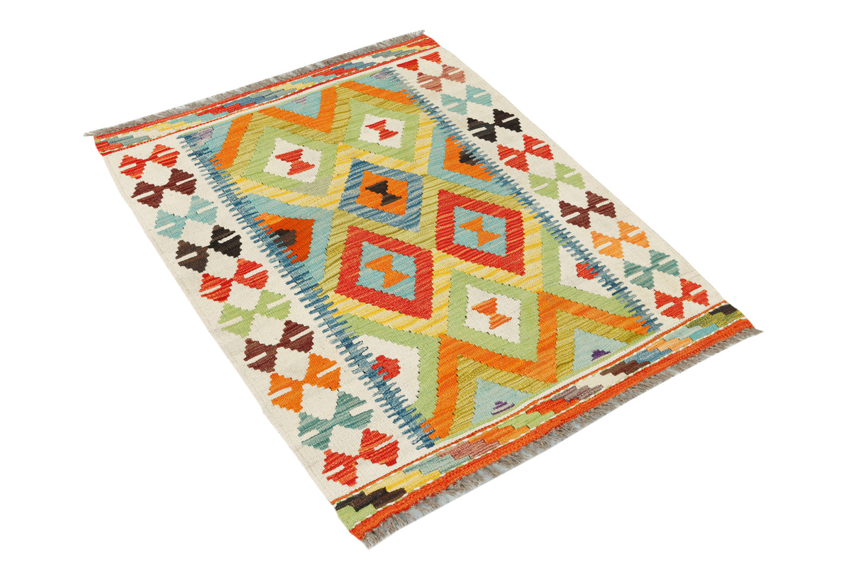Afghan Kilim rug by eastofhere, 116x92cm, featuring traditional geometric patterns in vibrant colors on a woven textile surface.