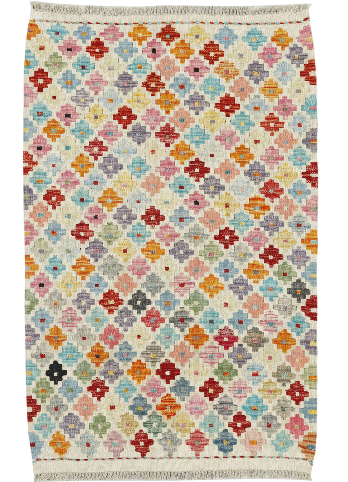 Colorful Afghan Kilim rug by eastofhere, 118x75cm, featuring traditional geometric patterns and vibrant woven design.