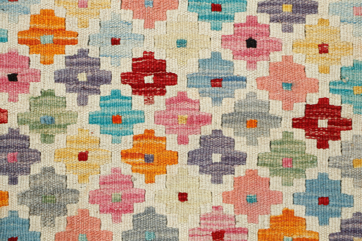 Colorful Afghan Kilim rug from eastofhere, 118x75cm, with traditional geometric patterns and vibrant woven details.