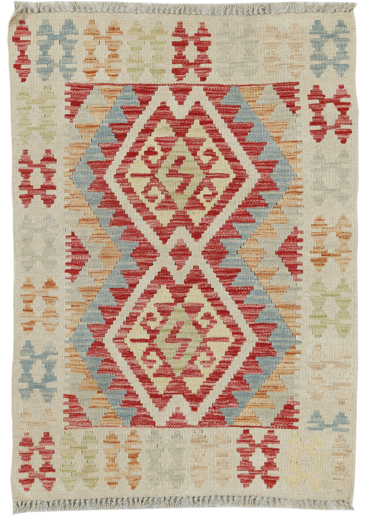 Colorful Afghan Kilim rug by eastofhere with geometric patterns, measuring 108x76cm, showcasing traditional woven textile design.