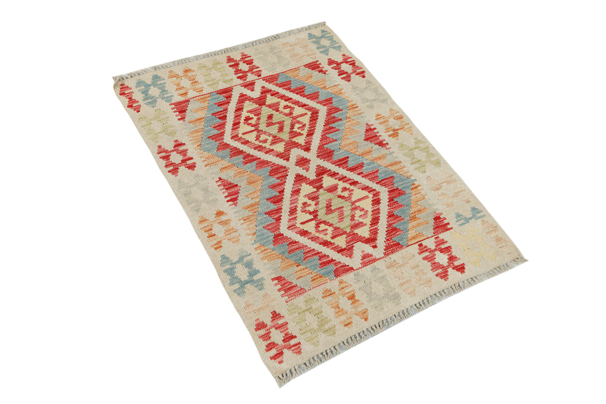 Afghan Kilim rug by eastofhere, 108x76cm, featuring traditional geometric patterns and vibrant woven colors.