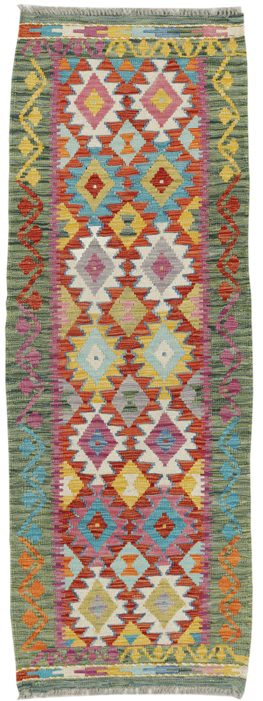 Afghan Kilim runner rug by eastofhere, featuring traditional geometric patterns in vibrant colors, measuring 202x69cm.