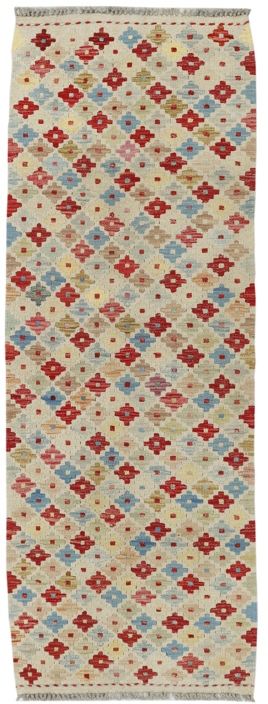 Afghan Kilim runner rug by eastofhere, 183x64cm, featuring vibrant geometric patterns and traditional woven design.