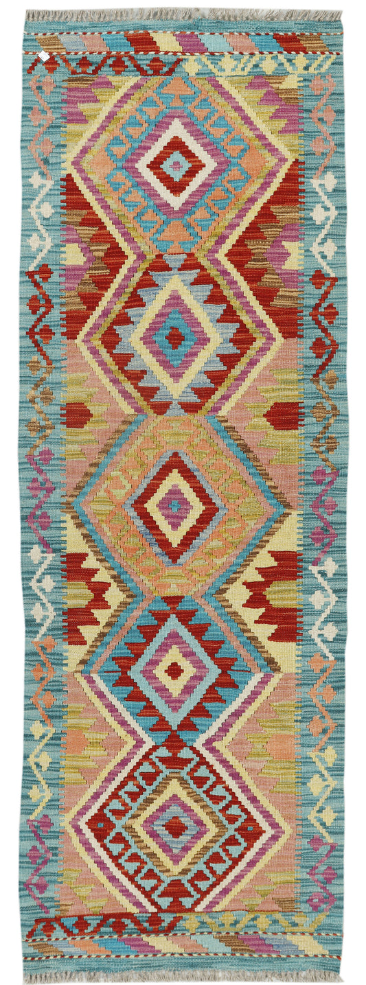 Afghan Kilim runner rug by eastofhere, 200x66cm with traditional geometric patterns and vibrant colors on woven textile.