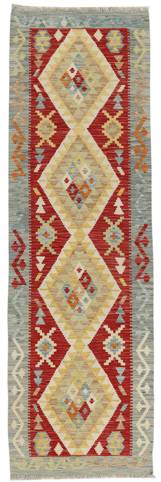 Afghan Kilim runner rug by eastofhere with vibrant geometric patterns, measuring 241x75cm, showcasing traditional woven textile design.
