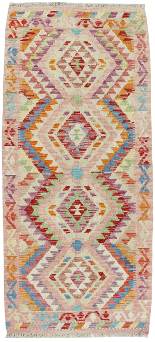 Afghan Kilim runner rug by eastofhere, 181x80cm with intricate geometric patterns and vibrant colors on woven fabric.