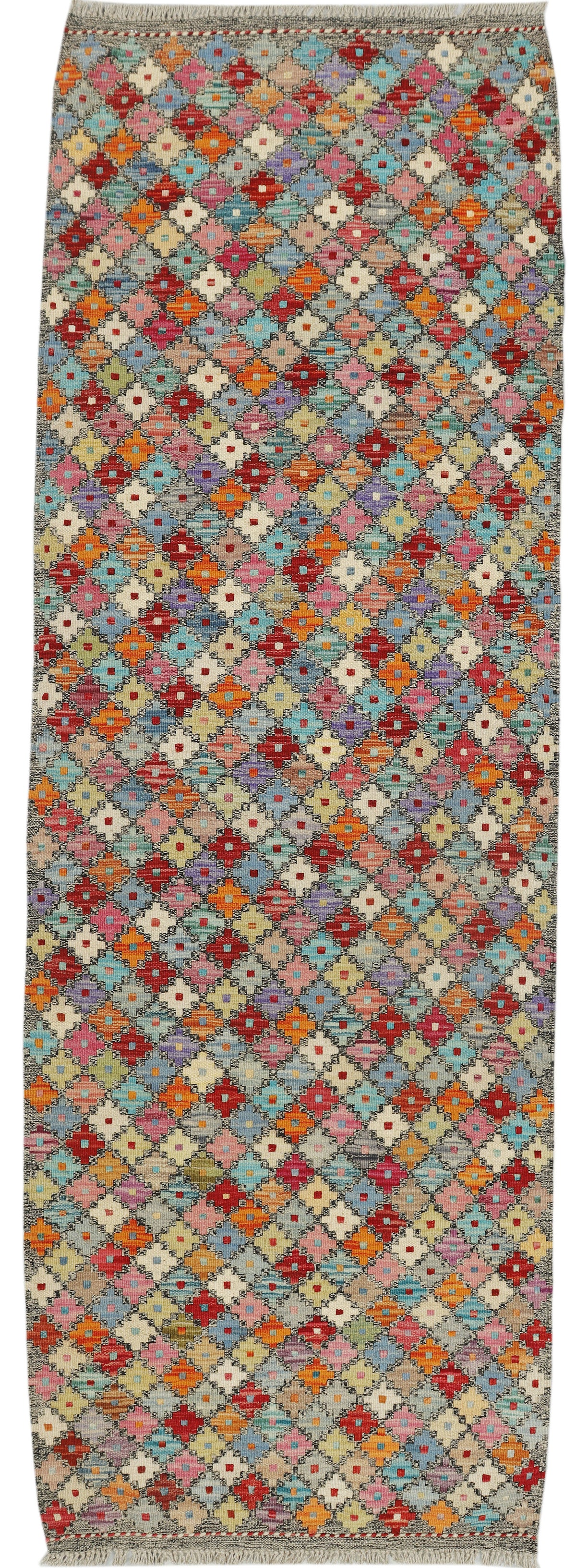 Afghan Kilim runner rug by EastOfHere, 240x80cm, featuring traditional geometric patterns in vibrant colors.