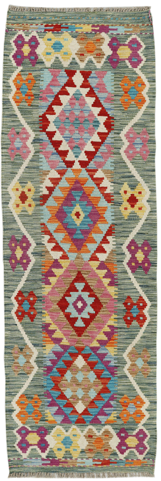 Afghan Kilim runner rug by eastofhere, 189x61cm with colorful geometric patterns, handmade textile floor covering.