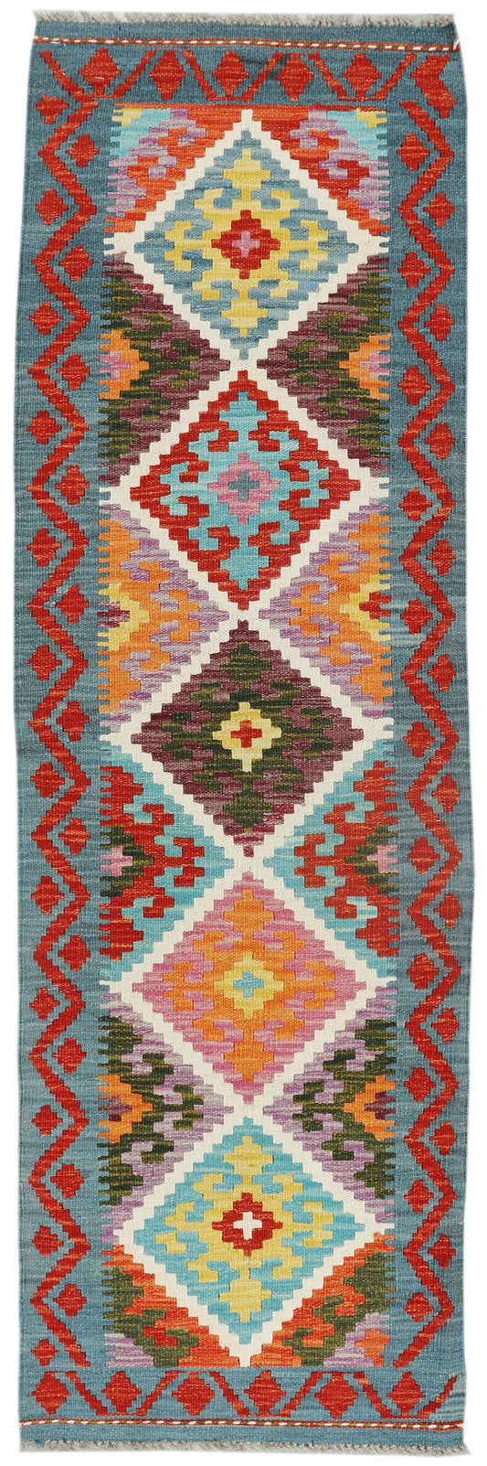 Afghan Kilim rug runner by eastofhere, 197x56cm, featuring traditional geometric patterns and vibrant colors on woven fabric surface.