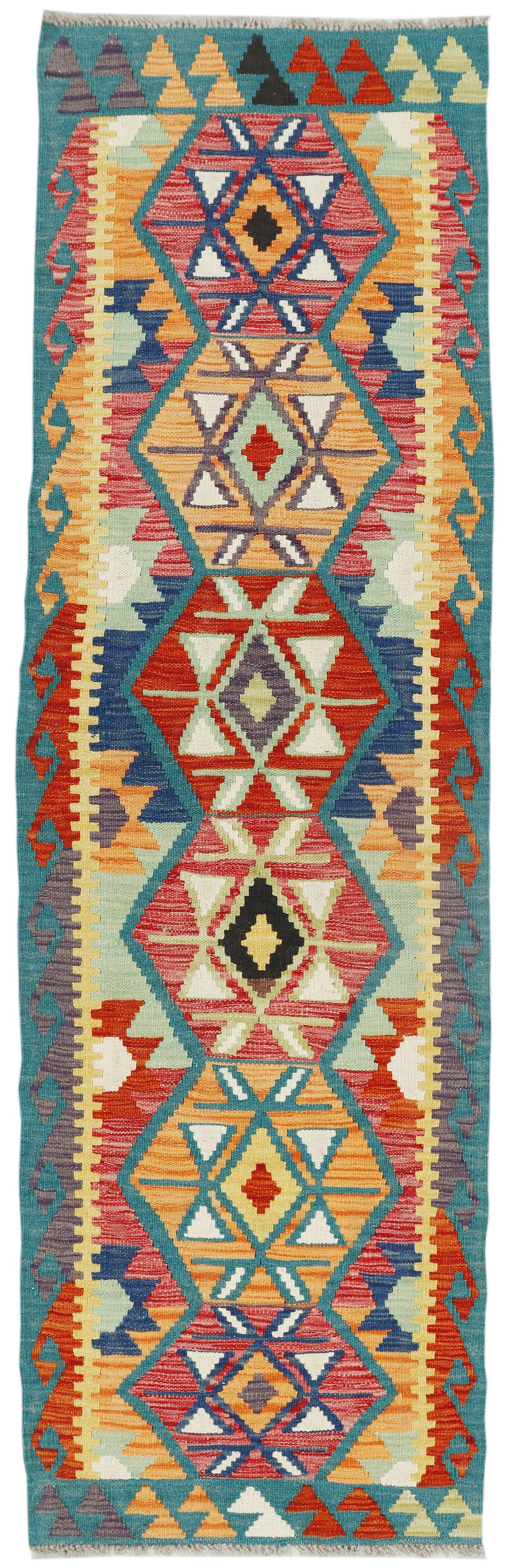 Afghan Kilim runner rug by eastofhere, 216 x 65cm, featuring traditional colorful geometric patterns on woven fabric.