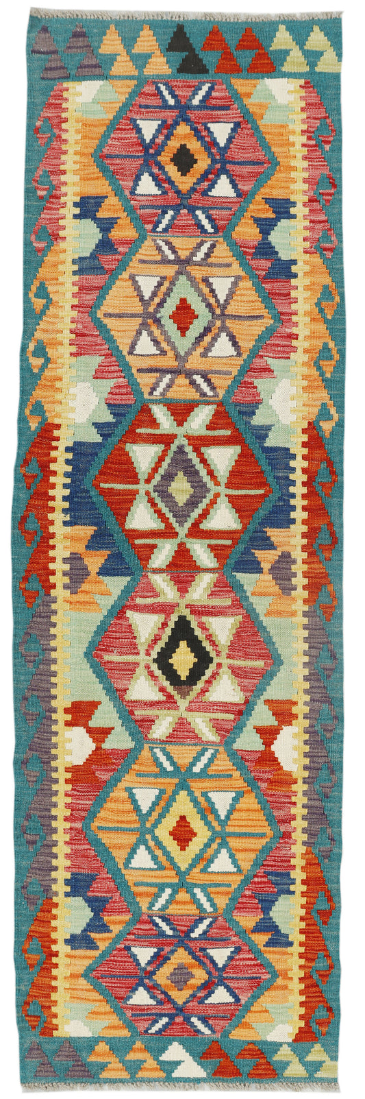Afghan Kilim runner rug by eastofhere, 216 x 65cm, featuring traditional colorful geometric patterns on woven fabric.