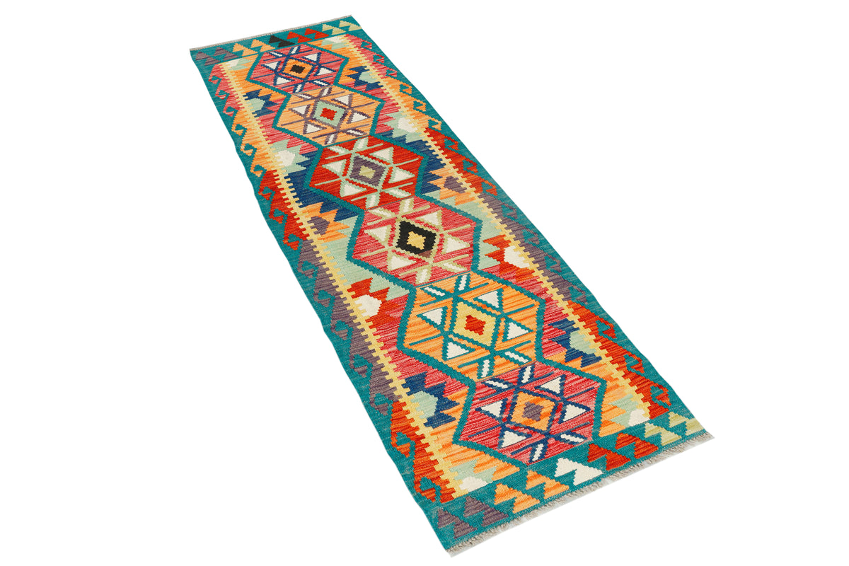 Afghan Kilim rug runner by eastofhere, 216 x 65cm, featuring traditional geometric patterns and vibrant woven textile design.