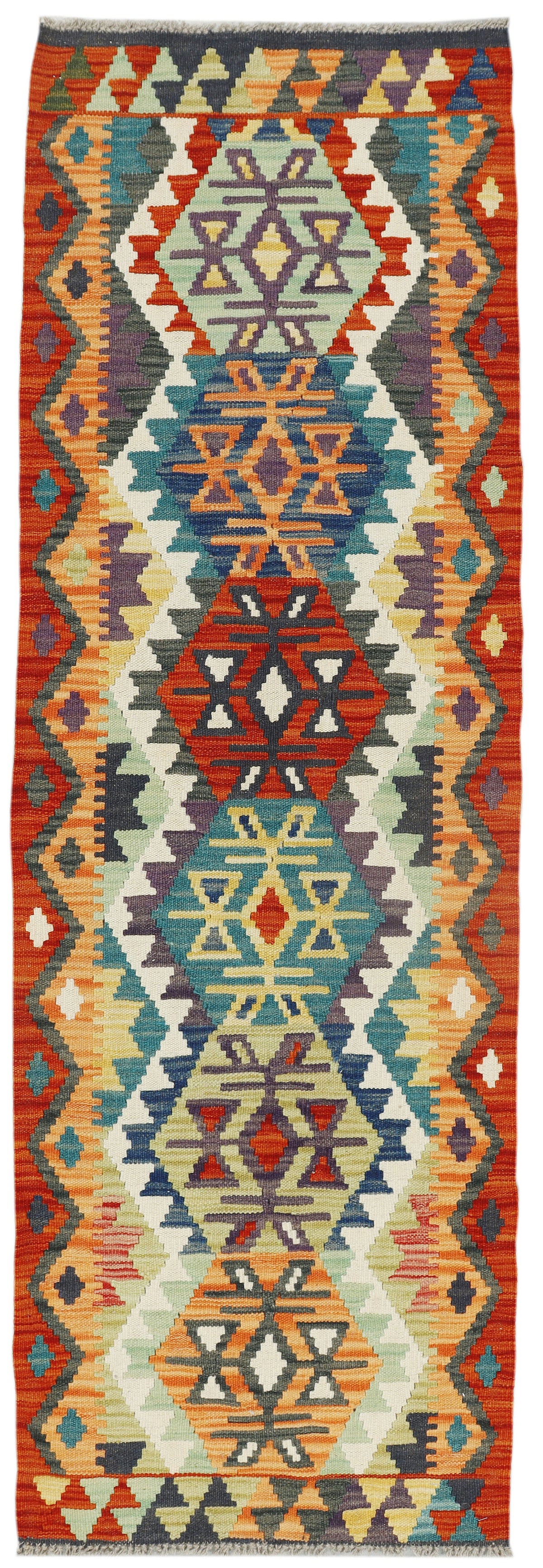 Afghan Kilim runner rug by eastofhere, 189x61cm, featuring traditional geometric patterns and vibrant colors.