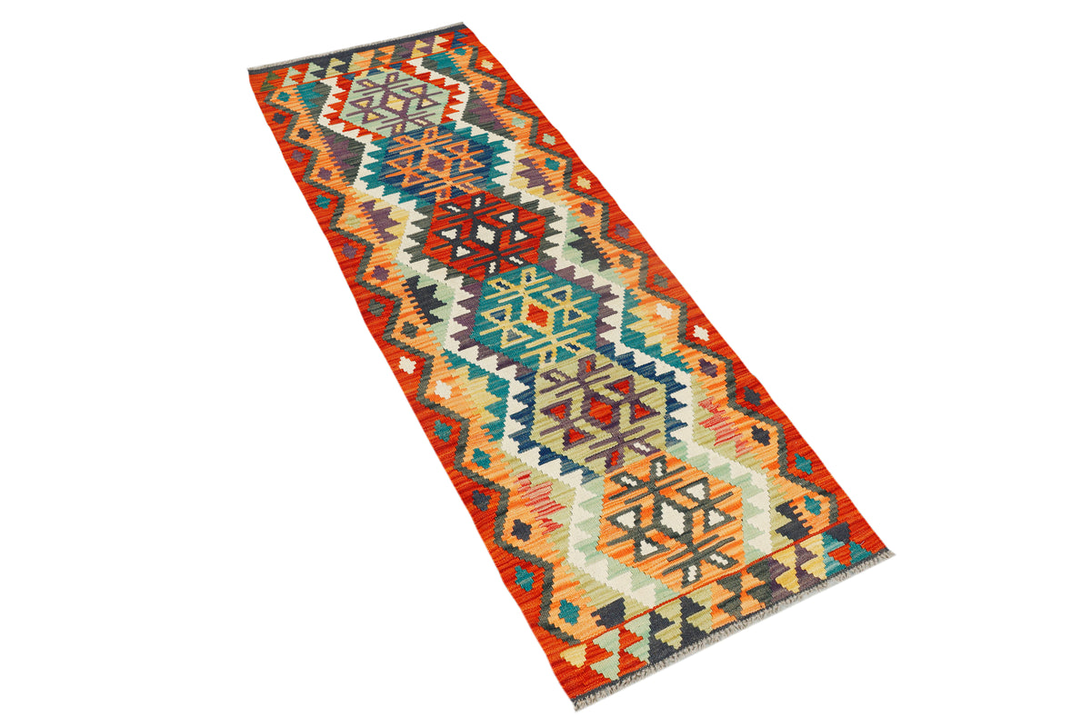 Afghan Kilim runner rug by eastofhere, 189 x 61cm, featuring traditional geometric patterns and vibrant colors.