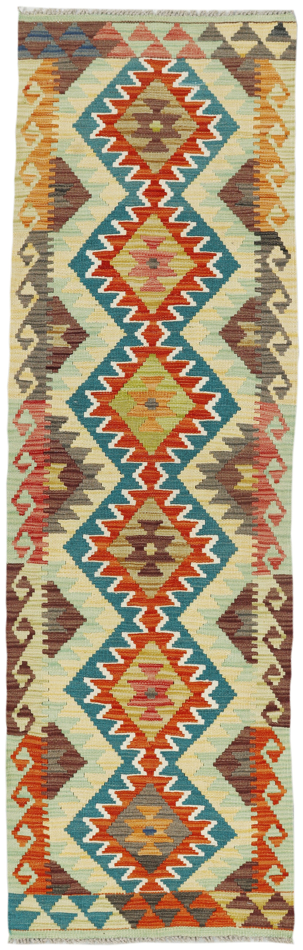 Afghan Kilim runner rug by eastofhere, 200x60cm, featuring traditional geometric patterns in vibrant colors on woven fabric.