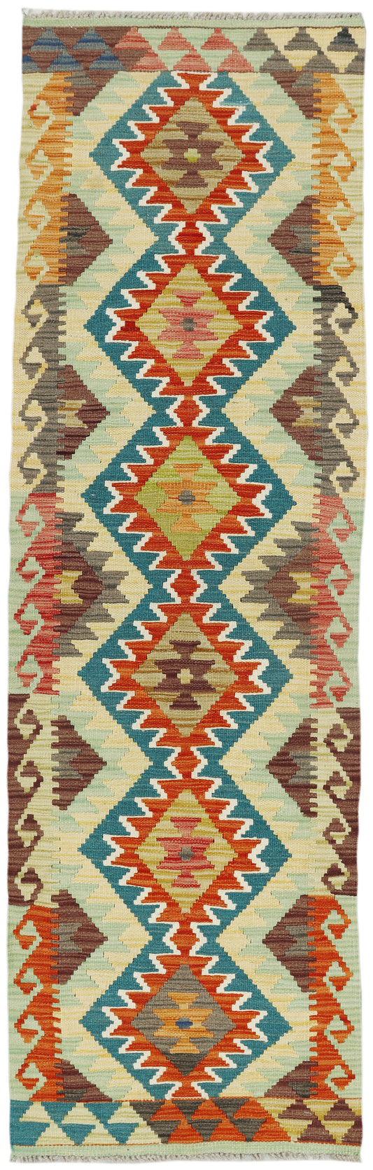Afghan Kilim runner rug by eastofhere, 200x60cm, featuring traditional geometric patterns in vibrant colors on woven fabric.