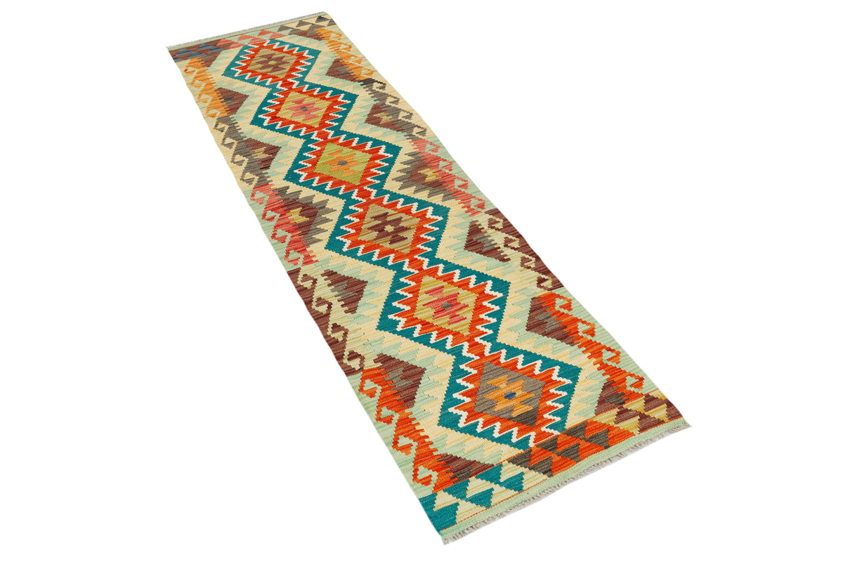 Afghan Kilim rug runner by eastofhere, 200cm long and 60cm wide with traditional geometric patterns on woven textile.