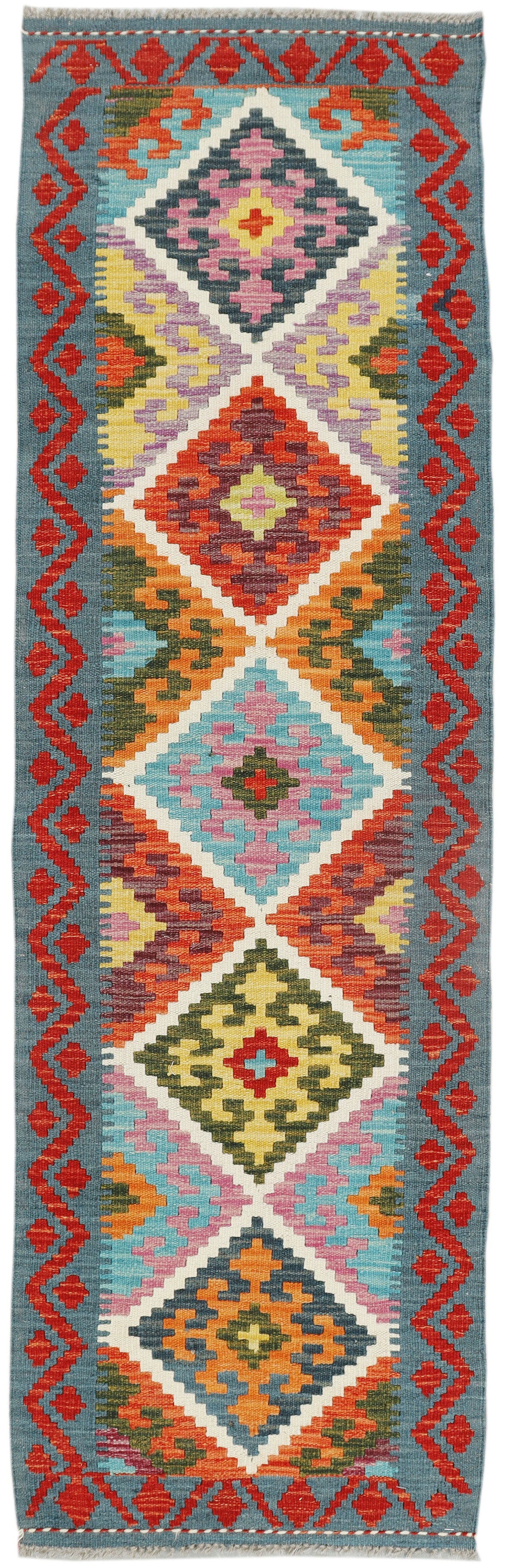 Afghan Kilim runner rug by eastofhere, 190x57cm, featuring traditional geometric patterns and vibrant colors on woven textile.
