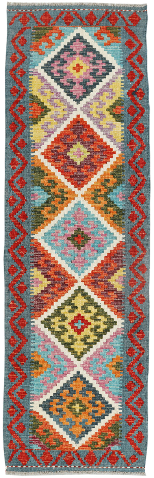 Afghan Kilim runner rug by eastofhere, 190x57cm, featuring traditional geometric patterns and vibrant colors on woven textile.