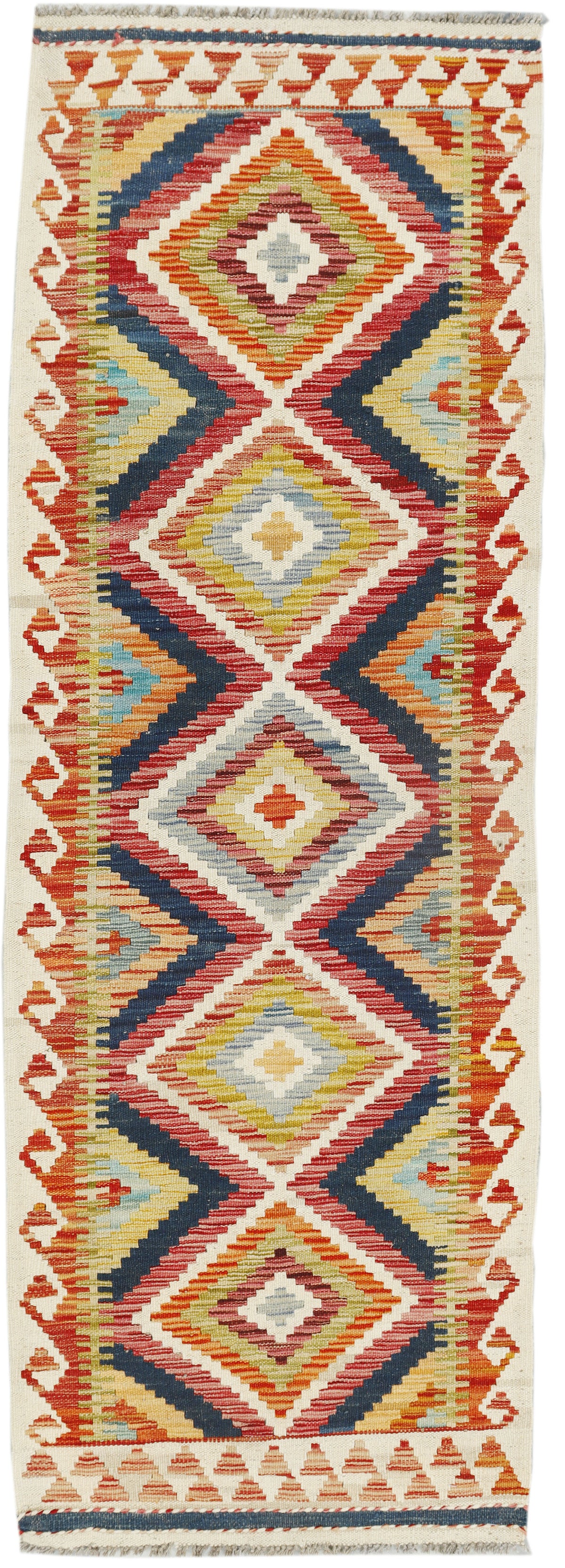 Afghan Kilim runner rug by eastofhere, 197x68cm, featuring traditional geometric patterns and vibrant colors on woven fabric.