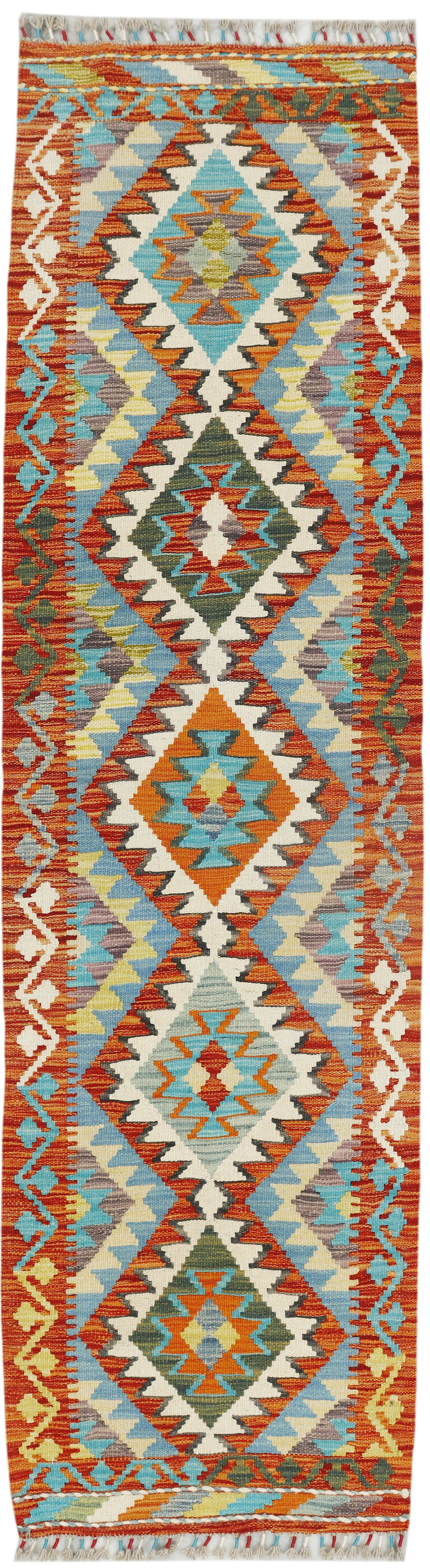 Afghan Kilim runner rug by eastofhere, 216 x 69 cm, featuring traditional geometric patterns in vibrant colors.