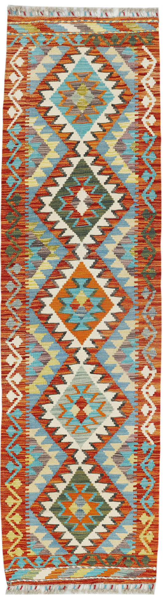 Afghan Kilim runner rug by eastofhere, 216 x 69 cm, featuring traditional geometric patterns in vibrant colors.