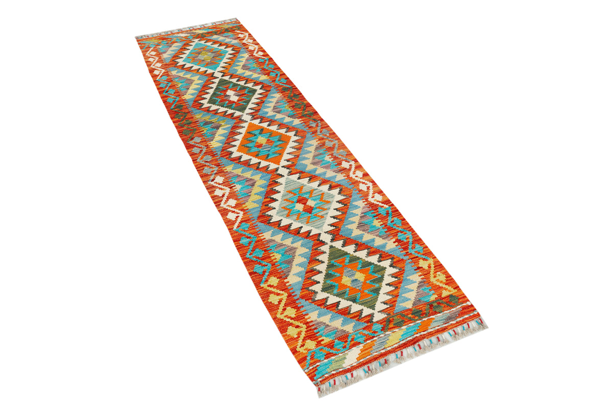 Afghan Kilim runner rug by eastofhere, 216x69cm with traditional geometric patterns and vibrant colors.