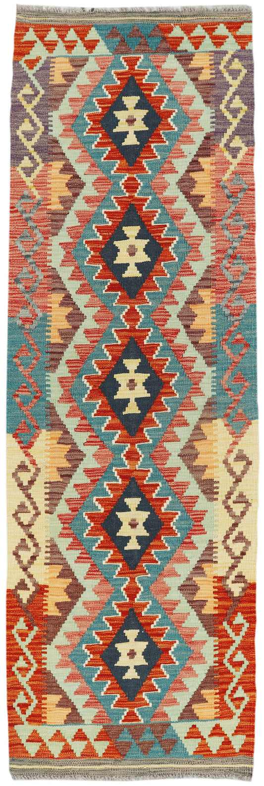 Afghan Kilim runner rug by eastofhere, 200x63cm, featuring traditional geometric patterns in vibrant colors.