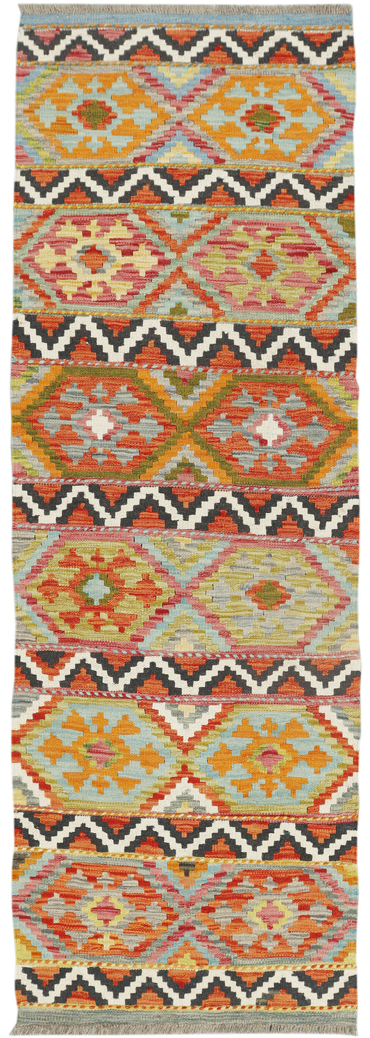 Afghan Kilim runner rug by eastofhere, 200x67cm, featuring traditional geometric patterns in vibrant colors on woven fabric.