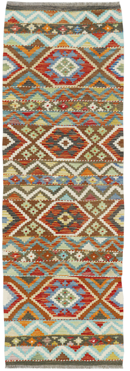 Afghan Kilim runner rug by eastofhere, 206 x 67cm, featuring colorful geometric patterns and traditional woven design.
