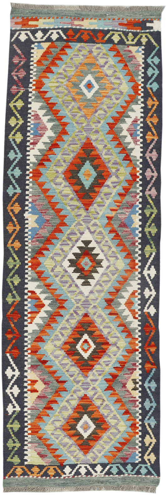 Afghan Kilim runner rug by eastofhere, 183cm long and 60cm wide, featuring traditional geometric patterns and vibrant colors.