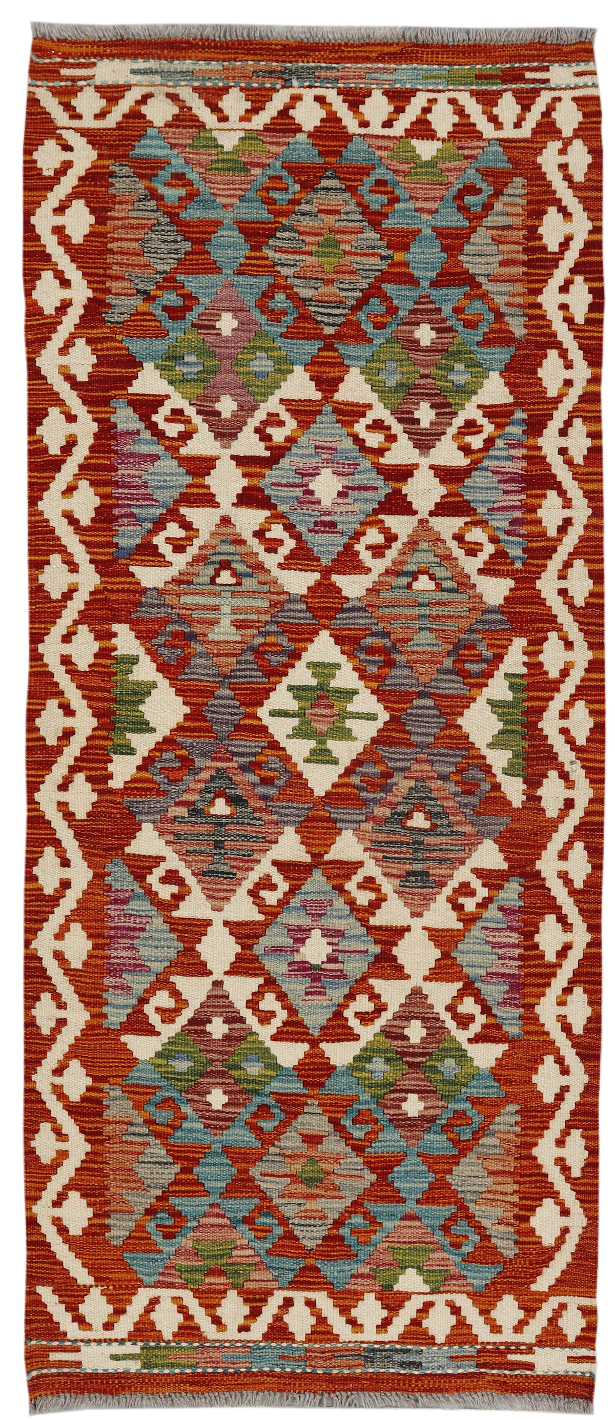 Afghan Kilim runner rug by eastofhere, 146 x 62cm, with vibrant traditional geometric patterns and woven textile textures.