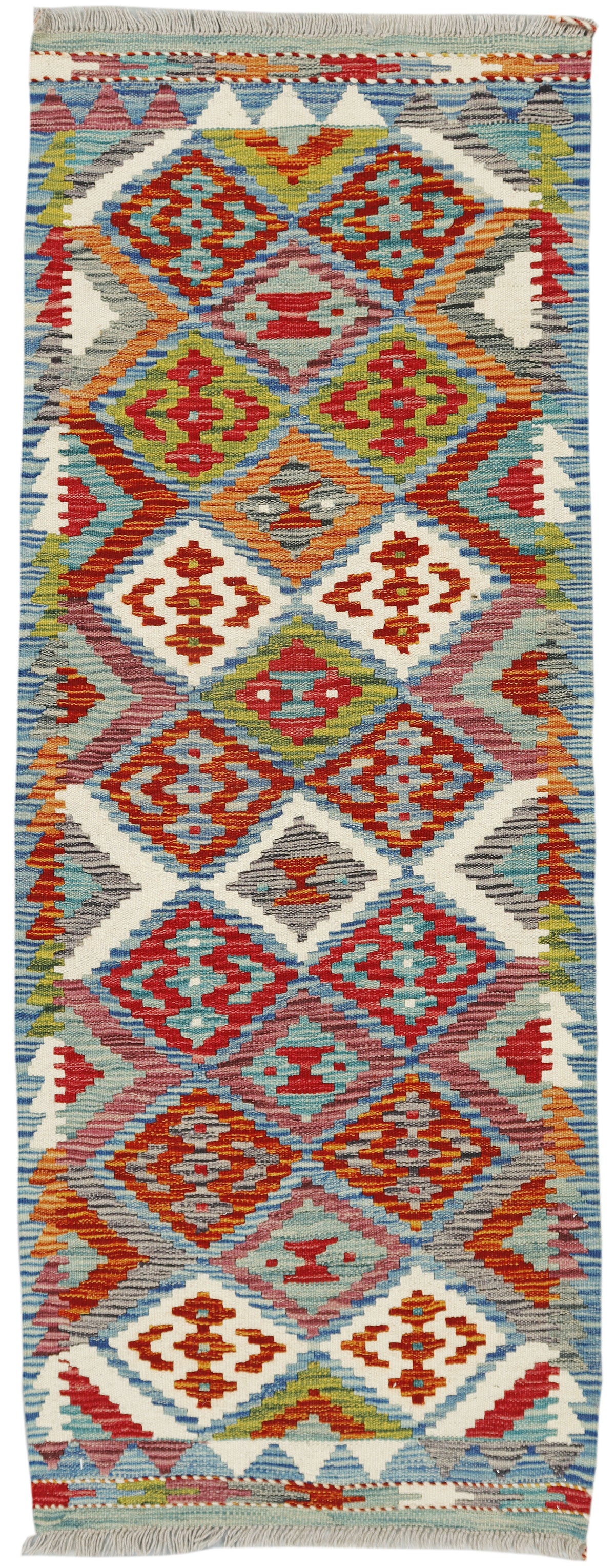 Afghan Kilim runner rug by eastofhere, 163x62cm, featuring traditional geometric patterns and vibrant colors on woven fabric.