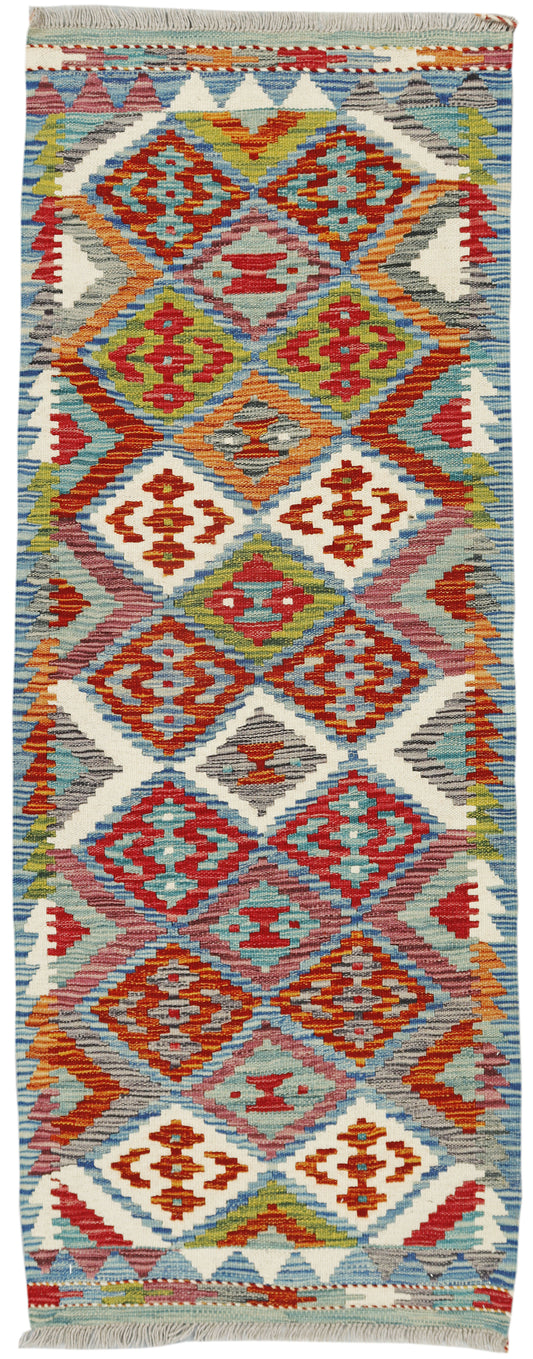 Afghan Kilim runner rug by eastofhere, 163x62cm, featuring traditional geometric patterns and vibrant colors on woven fabric.