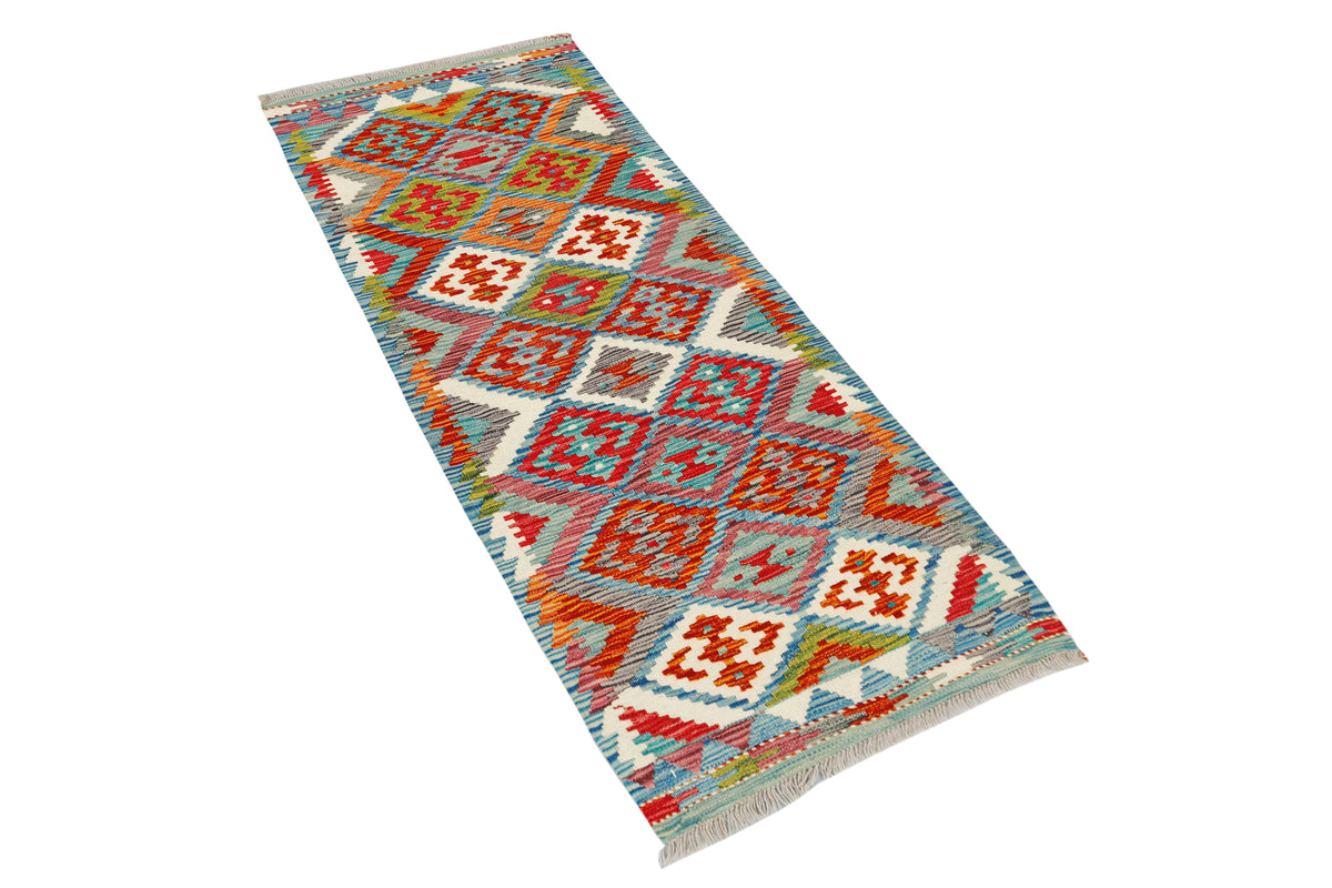 Eastofhere Afghan Kilim Runner rug, 163x62cm, featuring traditional geometric patterns and vibrant colors on woven textile.