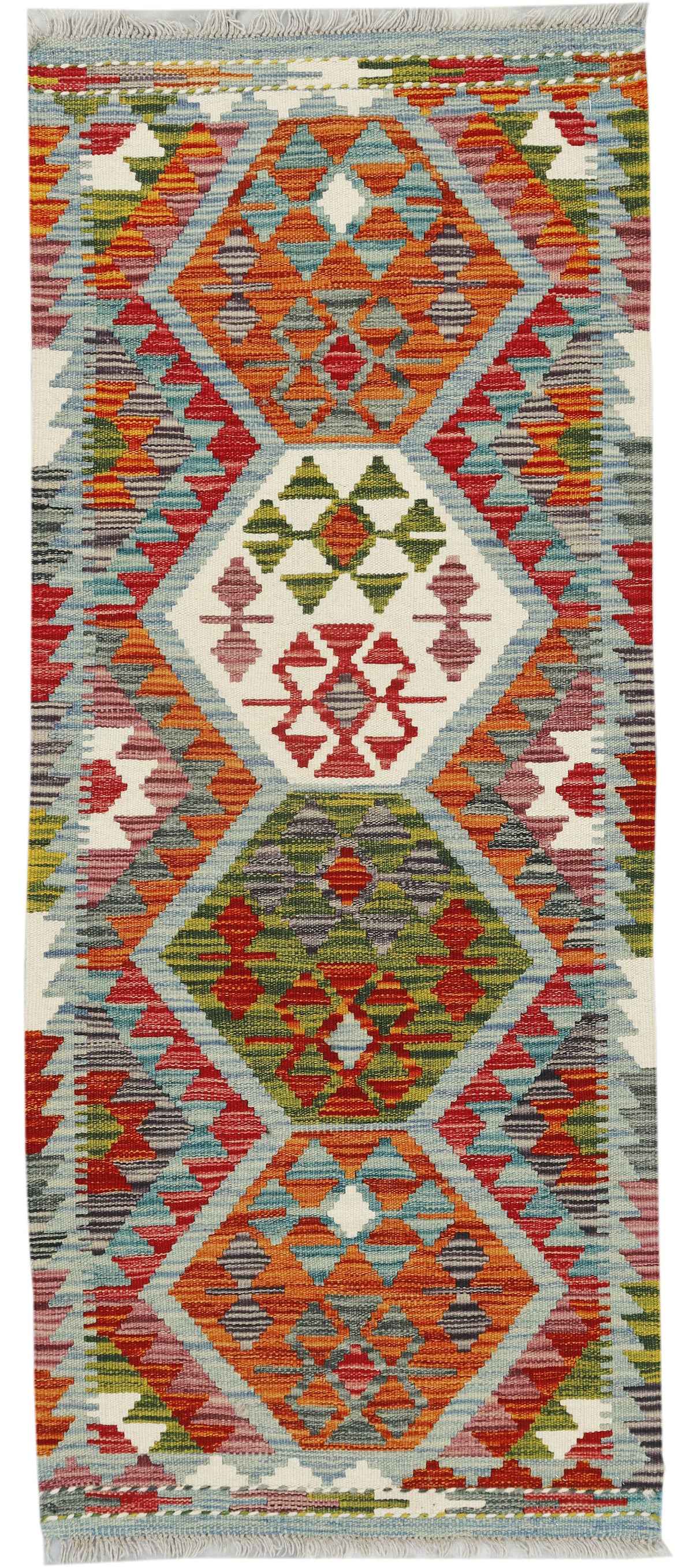 Afghan Kilim runner rug by eastofhere, 150x61cm with vibrant traditional geometric patterns displayed on a wooden floor.