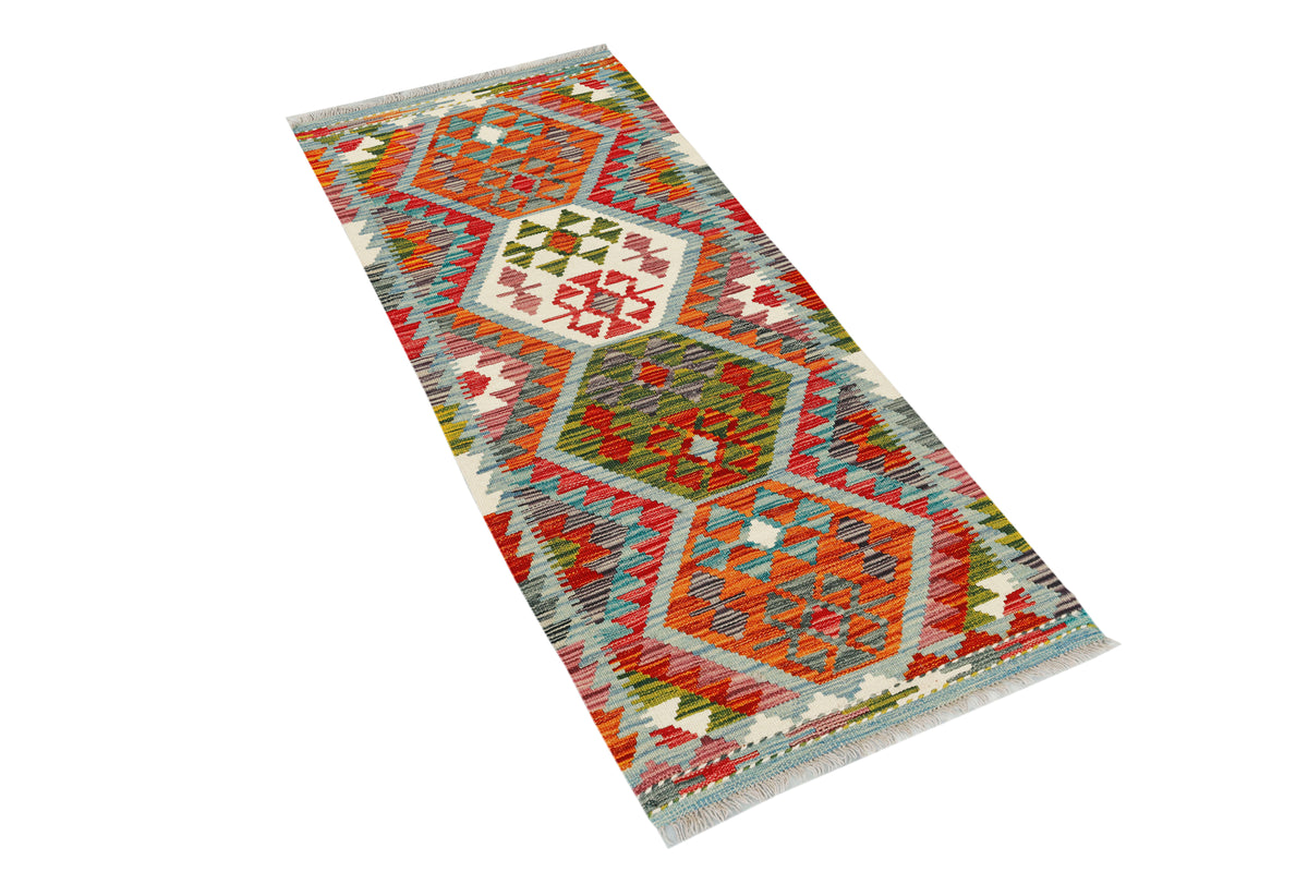 Afghan Kilim runner rug by eastofhere, 150x61cm with vibrant geometric patterns and traditional woven design.
