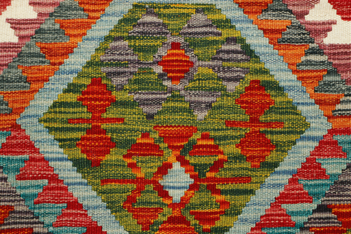 Afghan Kilim runner rug by eastofhere showing colorful geometric patterns on a woven textile floor covering.