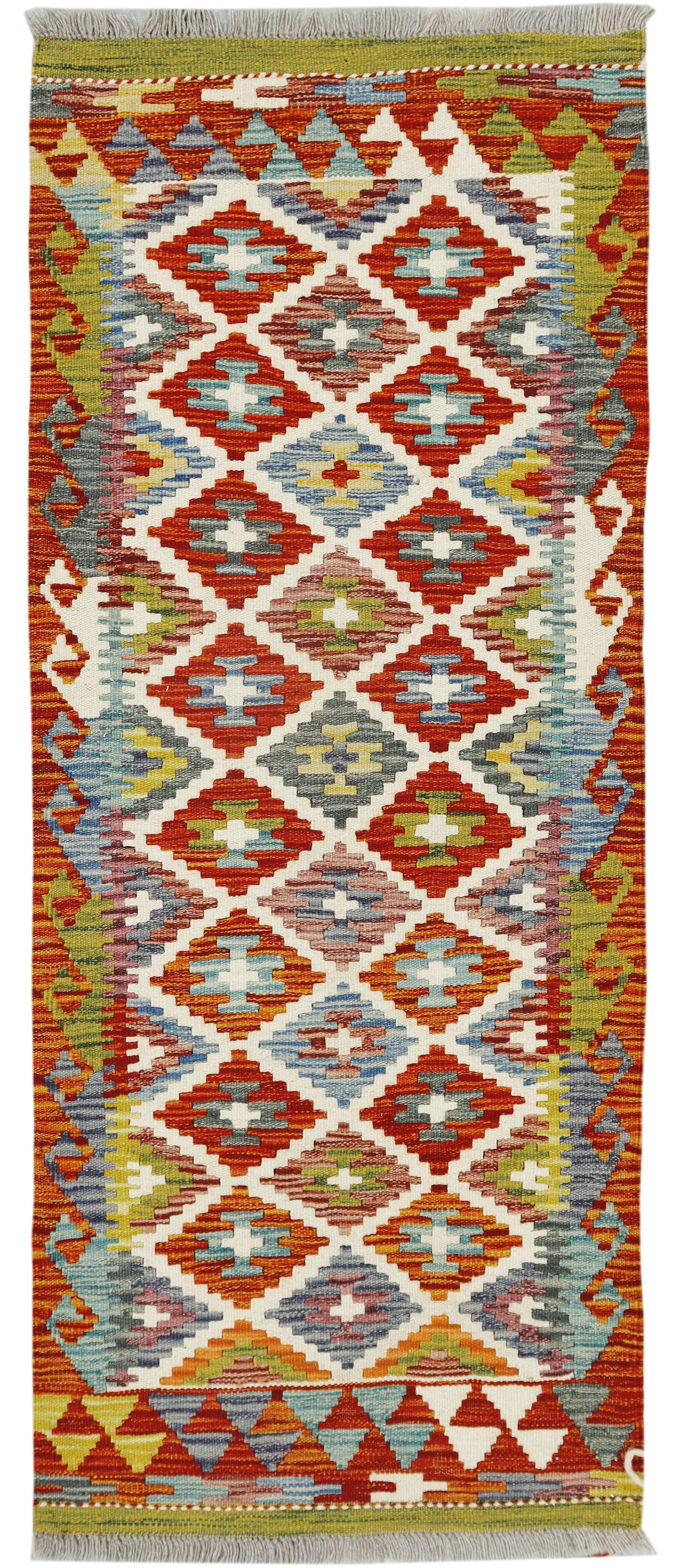 Afghan Kilim runner rug by eastofhere, 149x61cm with colorful geometric patterns on woven textile.