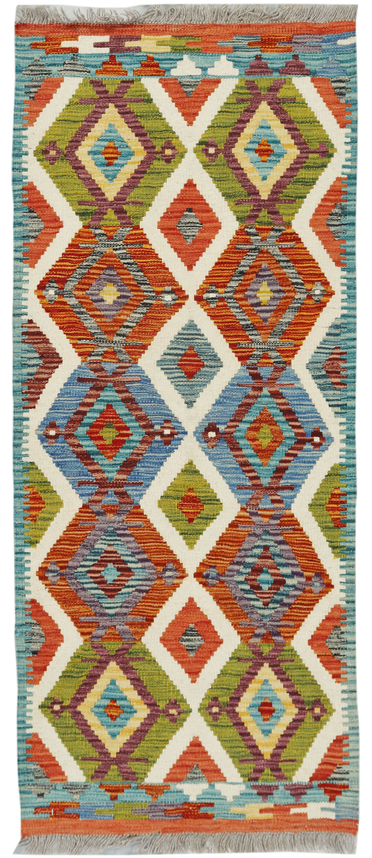 Afghan Kilim runner rug by eastofhere, 62x148cm, featuring traditional geometric patterns and vibrant colors on woven fabric.