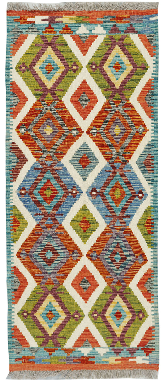 Afghan Kilim runner rug by eastofhere, 62x148cm, featuring traditional geometric patterns and vibrant colors on woven fabric.