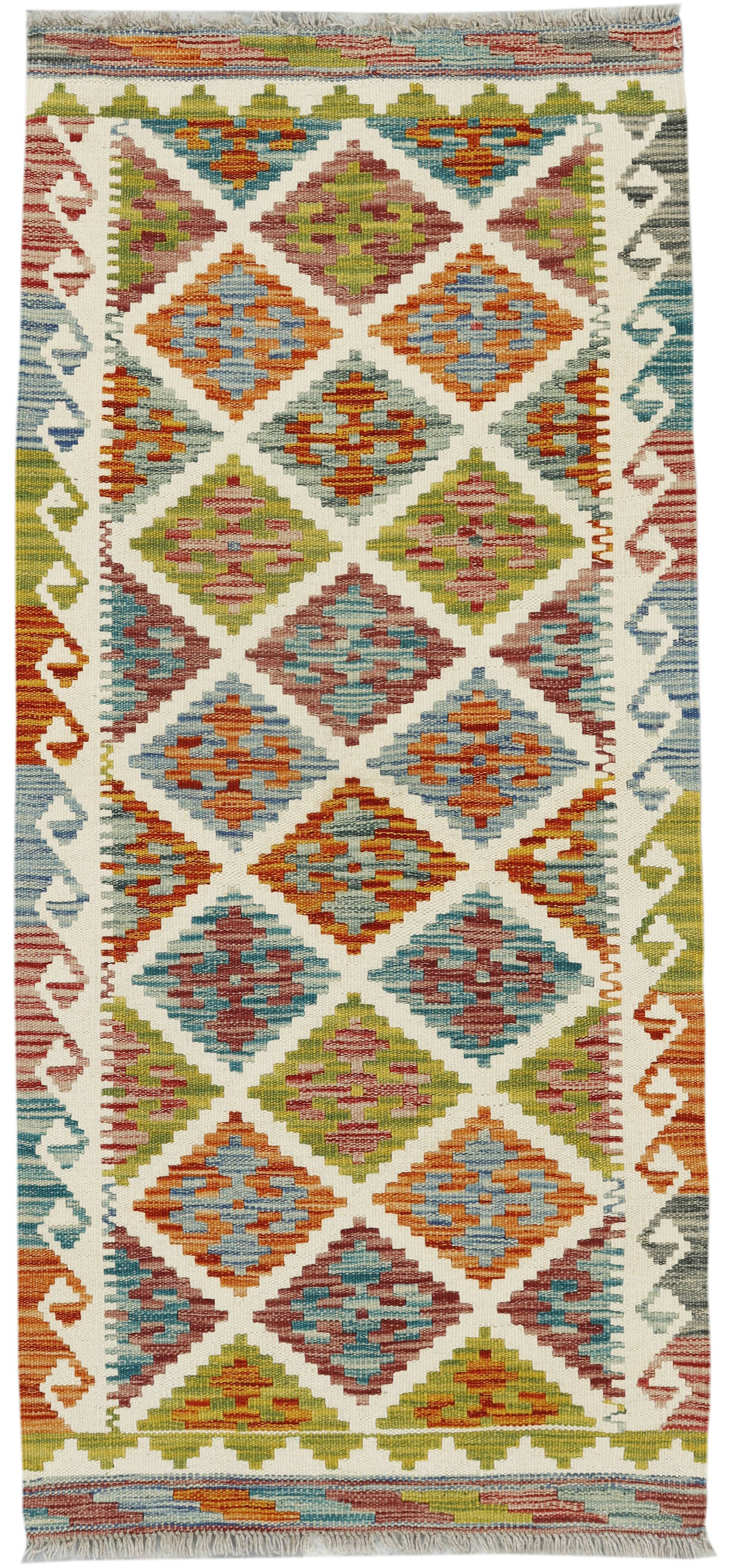 Afghan Kilim runner rug by eastofhere, featuring traditional geometric patterns in vibrant colors, measuring 145x64cm.