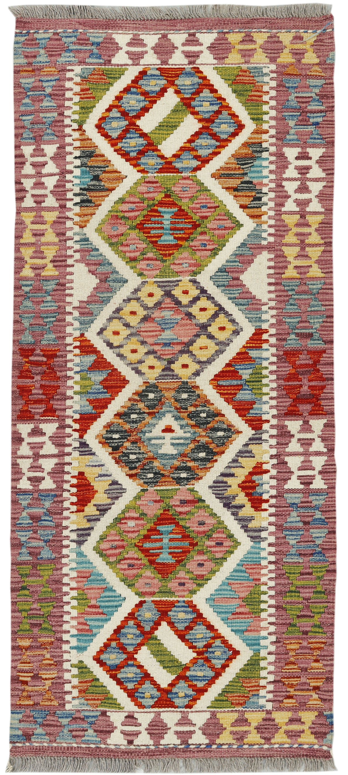 Afghan Kilim runner rug by eastofhere, 145cm long and 62cm wide, with traditional geometric patterns and vibrant colors.