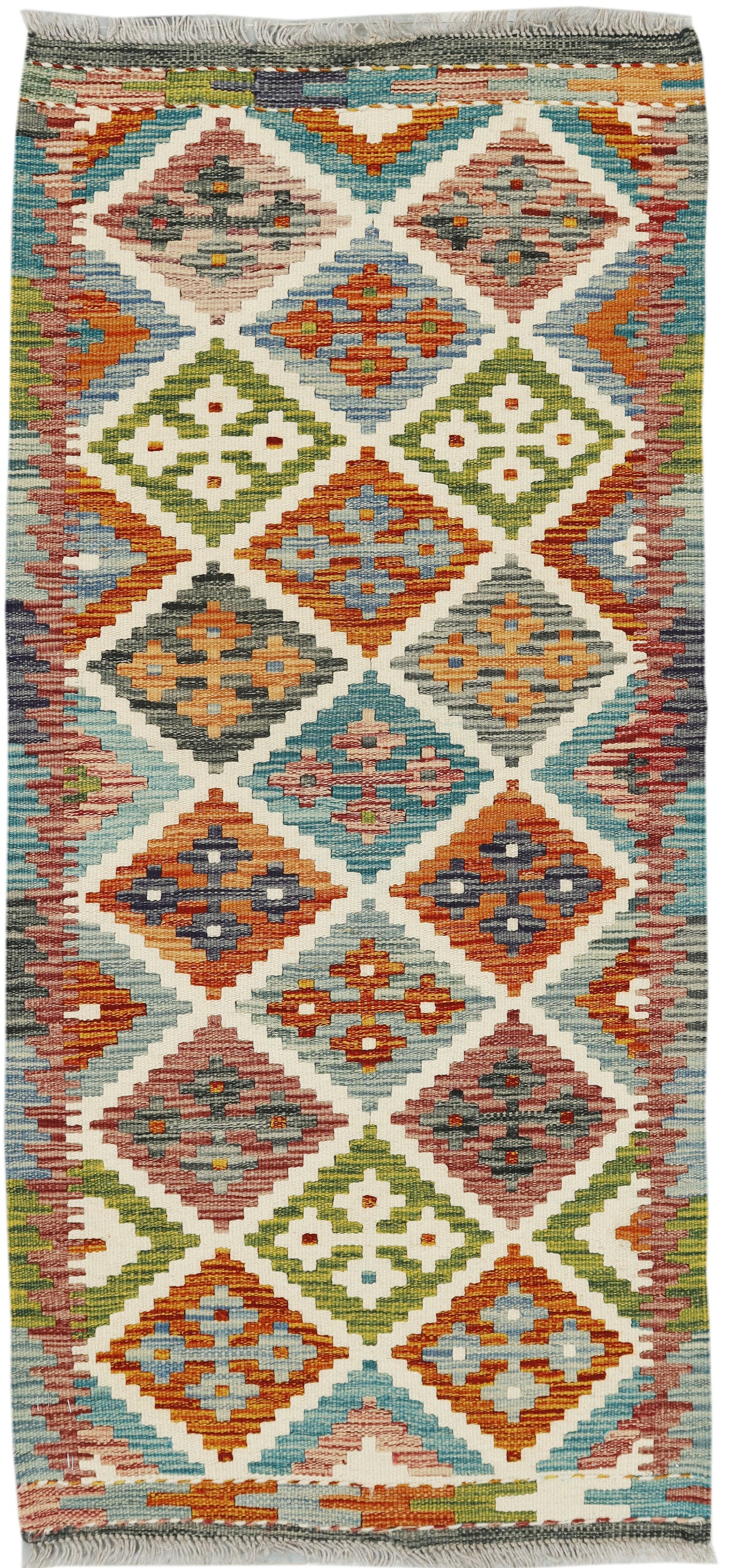 Afghan Kilim runner rug by eastofhere, 141x62cm, featuring traditional geometric patterns in vibrant colors on woven textile.